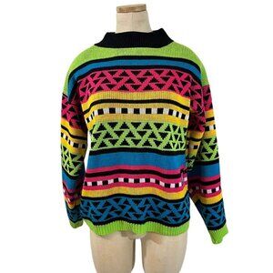 Vtg The Great American Sweater Women's S neon pink green yellow patterned